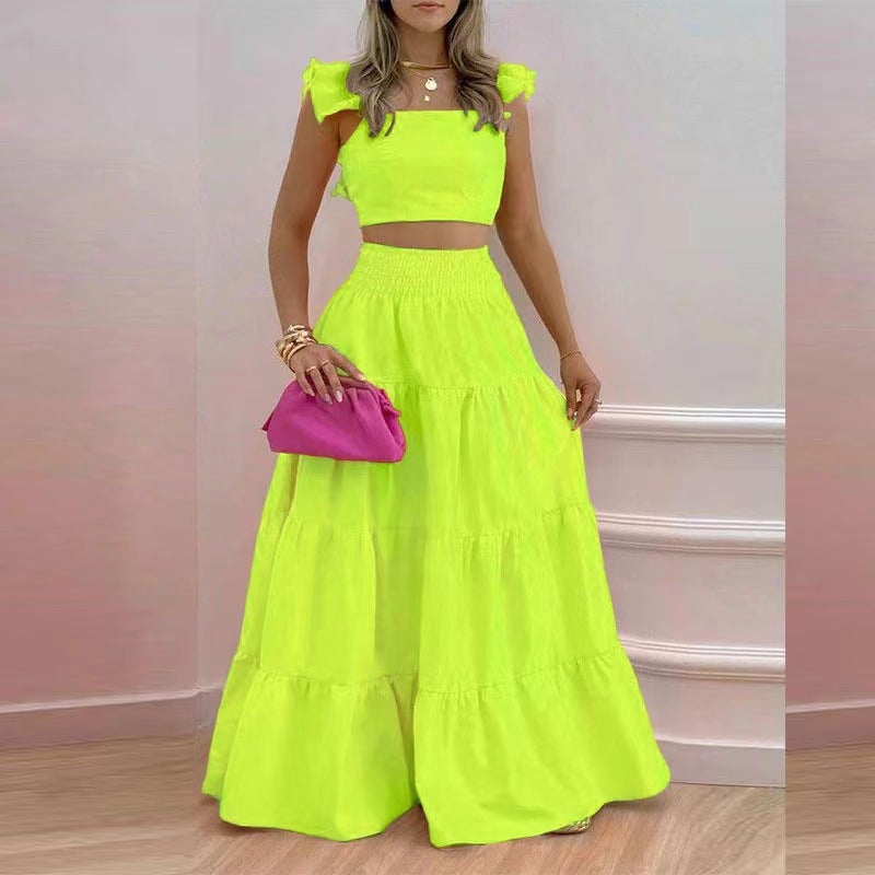2024 Temperament Solid Color Mid-Waist Sling Large Pendulum Two-Piece Suit Dress - Image 3